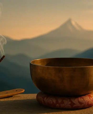 Bol tibétain et bâton d’encens face aux montagnes au crépuscule